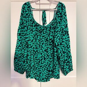 Ava & Viv Teal and Black Patterned Blouse